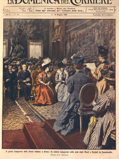 Första italienska kvinnokongressen på Capitol, Rom, illustration av Achille Beltrame från La Domenica del Corriere, 3 maj av Achille Beltrame