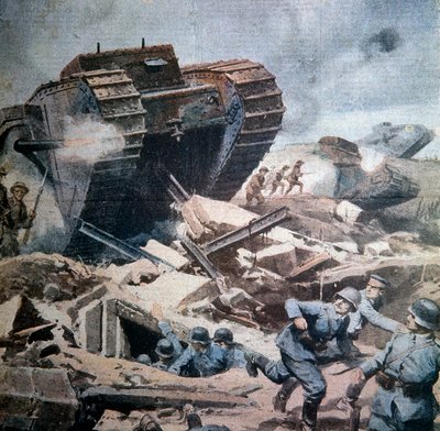Första världskriget (1914-1918): "" Assaults of English tanks in Picardie"" Illustration av Achilles beltrame från La Domenica del Corriere 1916 av Achille Beltrame