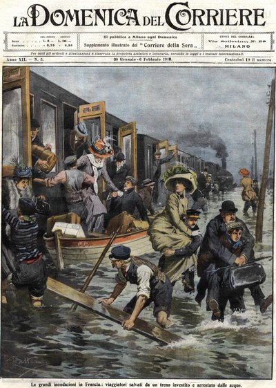 Översvämningar runt Paris i januari 1910 omslaget till "Domenica del corriere"" den 6 februari av Achille Beltrame