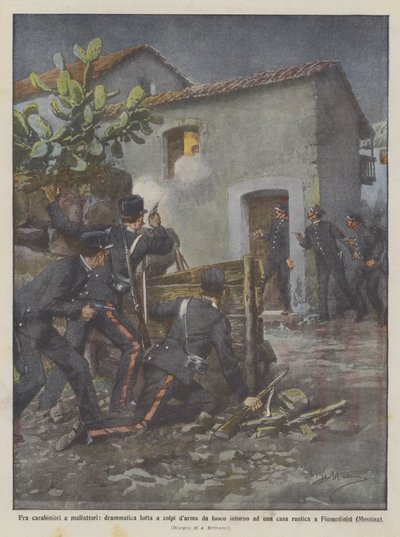 Mellan carabinieri och brottslingar, ett dramatiskt slagsmål med skott runt ett rustikt hus? av Achille Beltrame