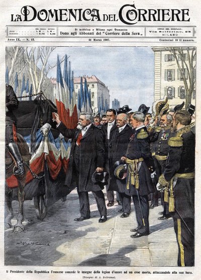 Frankrikes president Armand Fallieres (1841 - 1931) överlämnar hederslegionens medalj till en hjälte som dog i strid. Ill. de Beltrame. La Domenica del Corriere. 31/03/1907. av Achille Beltrame