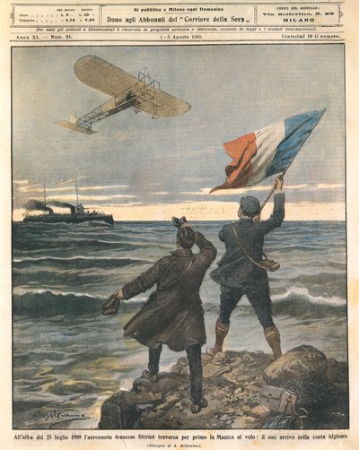 Franske flygaren Louis Bleriot, första person som korsar Engelska kanalen, firande på engelska kusten, 25 juli av Achille Beltrame