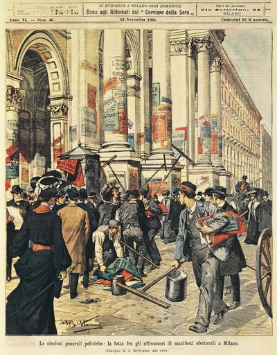 Allmänna val i Milano: konfrontationer mellan människor som hänger upp politiska affischer i Milano, av Achille Beltrame (1871-1945), från La Domenica del Corriere av Achille Beltrame