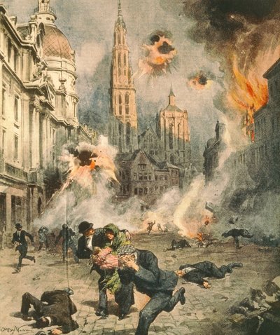 Tyskarna bombar och ockuperar Antwerpen, av Achille Beltrame (1871-1945), illustration från La Domenica del Corriere av Achille Beltrame