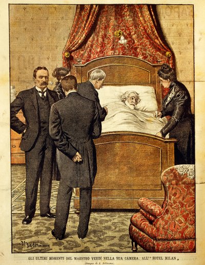 Giuseppe Verdi (1813-1901) döende, illustration av Achille Beltrame (1871-1945). Italien, 1900-talet. av Achille Beltrame