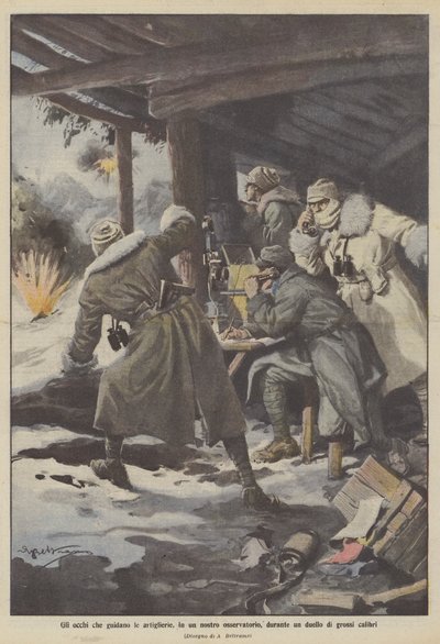 Ögonen som styr artilleriet, i ett av våra observatorier, under en duell av stora kaliber av Achille Beltrame