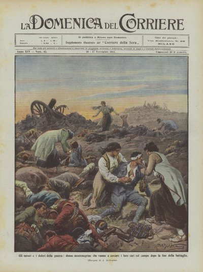 Krigets fasor och smärtor, montenegrinska kvinnor som går för att leta efter sina nära och kära på fältet? av Achille Beltrame