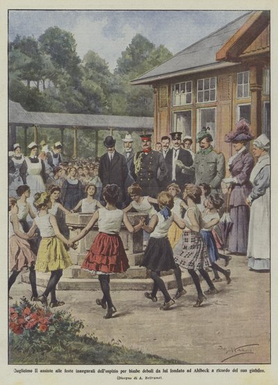 Kommer Vilhelm II att närvara vid invigningsfirandet av hospice för svaga flickor som han grundade i Ahlbeck? av Achille Beltrame