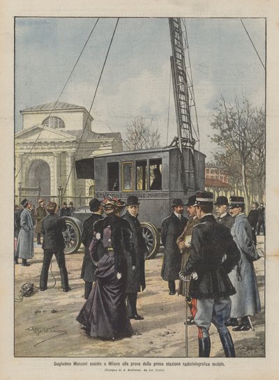 Guglielmo Marconi deltar i repetitionen av den första mobila radiotelegrafiska stationen i Milano av Achille Beltrame