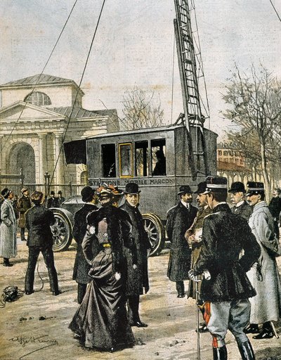 Guglielmo Marconi assisterar i Milano för att testa den första Stazione Radio Mobile. Illustration av Achille Beltrame för "Domenica del Corriere"" (1906). Gravyr. av Achille Beltrame