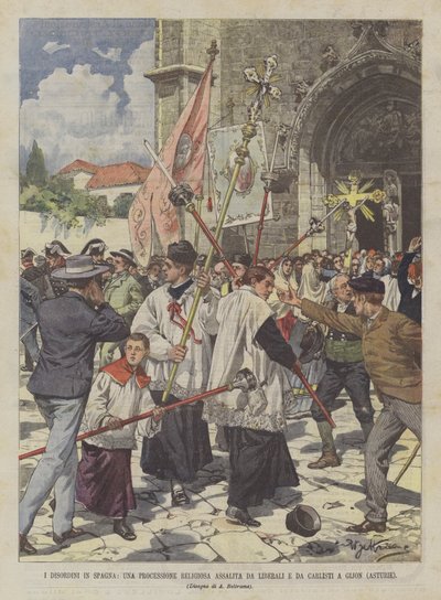 Upploppen i Spanien, en religiös procession attackerad av liberaler och karlister i Gijon (Asturien) av Achille Beltrame