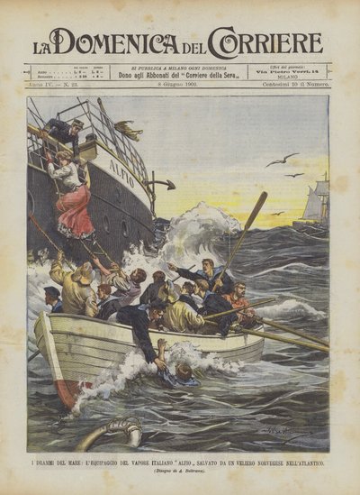 I Drammi Del Mare, besättningen på den italienska ångbåten Alfio räddad från ett norskt segelfartyg i Atlanten av Achille Beltrame