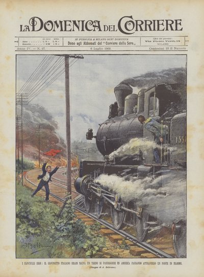 I Child Heroes, den unga italienaren Bradi räddar ett tåg av passagerare i Amerika som går förbi? av Achille Beltrame