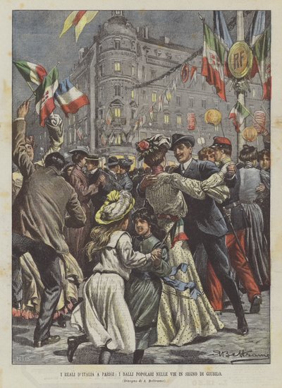 Den kungliga Ditalia i Paris, folkdanser på gatorna som ett tecken på jubileum av Achille Beltrame