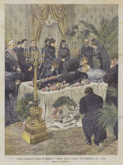 De kungliga besöker kvarlevorna av Umberto I, så snart de anländer till Monza, på eftermiddagen den 1 Corr. av Achille Beltrame