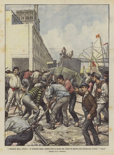 Civilisationens regresser, spannmålsavlastarnas våld i Genuas hamn för att protestera mot silorna av Achille Beltrame