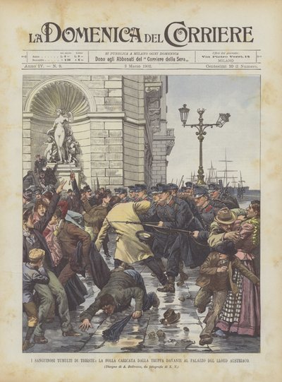 De blodiga upploppen i Trieste, folkmassan laddad av truppen framför det österrikiska Lloyd Palace av Achille Beltrame