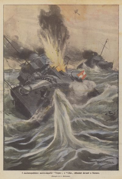De österrikisk-ungerska jagarna Triglav och Lika sjönk framför Durres av Achille Beltrame