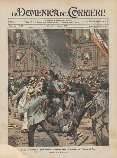 Fallen Sicilien, det allvarliga upploppet vid Quattro Canti i Palermo för gripandet av Nasi av Achille Beltrame