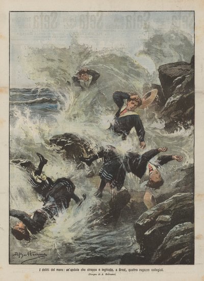 Havets brott, en våg som sliter och sväljer fyra collegetjejer i Brest av Achille Beltrame