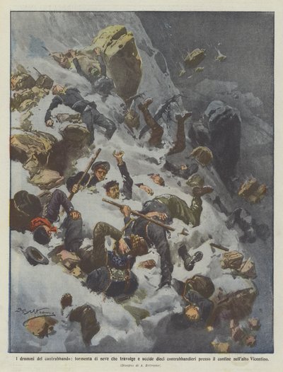 Smugglingens tragedi, snöstorm som överväldigar och dödar tio smugglare vid? av Achille Beltrame