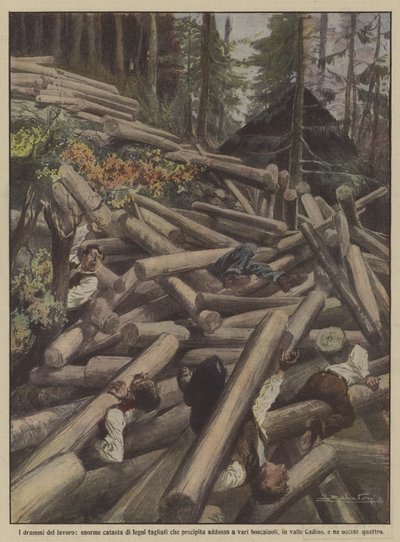 Arbetets dramer, en enorm hög med hugget virke som faller på olika skogshuggare? av Achille Beltrame