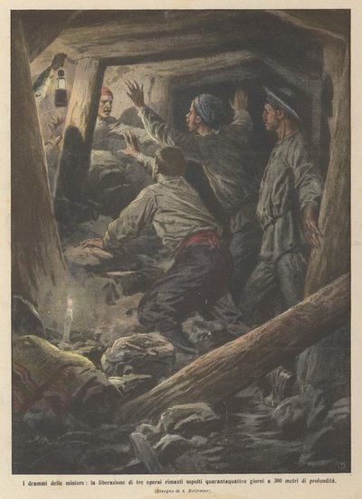 Gruvornas tragedier, frigivningen av tre arbetare som begravdes fyrtiofyra dagar vid 300? av Achille Beltrame