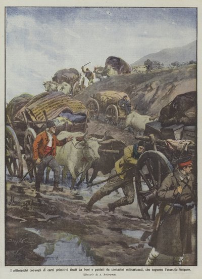 De pittoreska konvojerna av primitiva oxdragna vagnar som körs av militariserade bönder? av Achille Beltrame