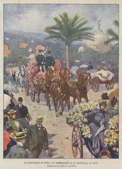 Den trevliga karnevalen, promenaden och slaget om blommor av Achille Beltrame
