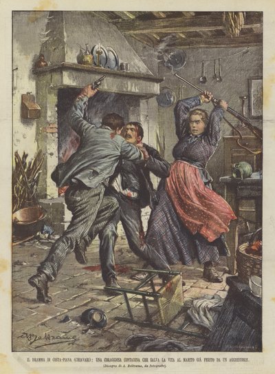 Dramat av Costa-Piana (Chiavari), en modig bondekvinna som redan räddar sin mans liv? av Achille Beltrame