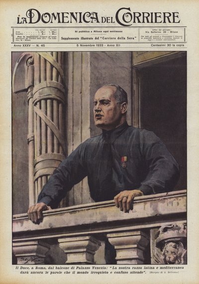 Il Duce, i Rom, från balkongen på Palazzo Venezia, kommer vår latinska och medelhavsras fortfarande att ge? av Achille Beltrame