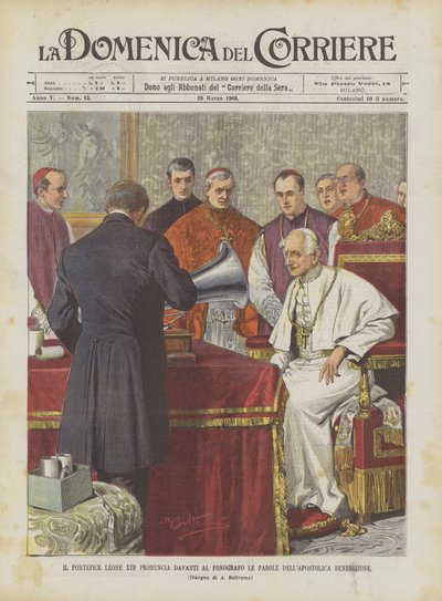 Påven Leo XIII uttalar den apostoliska välsignelsens ord framför fonografen av Achille Beltrame