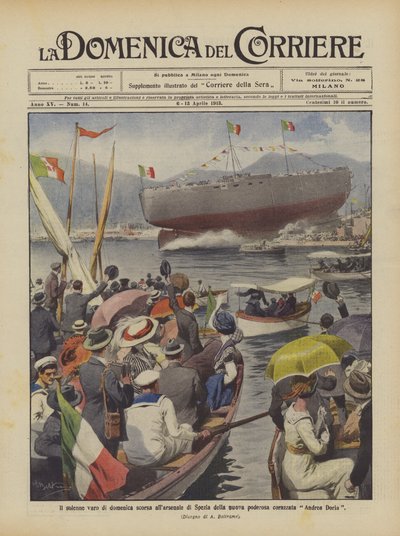Förra söndagens högtidliga lansering i Spezias arsenal av det nya mäktiga slagskeppet Andrea Doria av Achille Beltrame