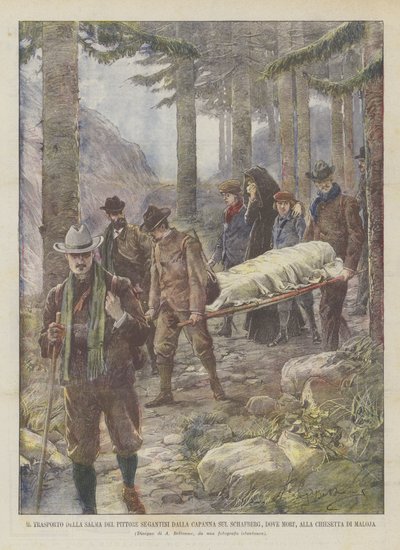 Transport av målaren Segantinis kropp från hyddan på Schafberget, där han dog, till den lilla kyrkan Maloja av Achille Beltrame