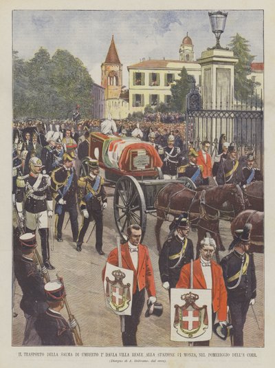 Transporten av kroppen av Umberto I ° från Royal Villa till Monza Station, på eftermiddagen den 8 Corr av Achille Beltrame