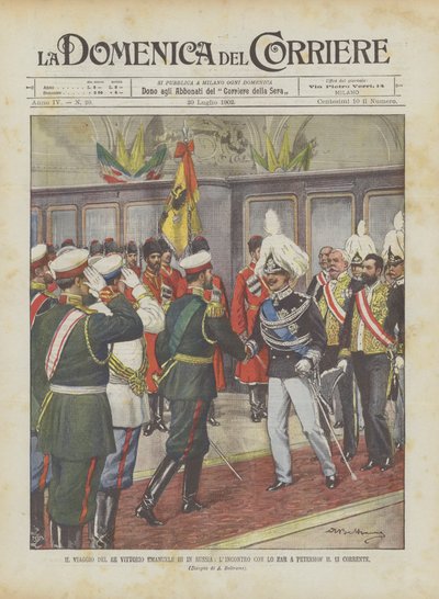 Kung Vittorio Emanuele III:s resa till Ryssland, mötet med tsaren i Peterhof den 13:e strömmen av Achille Beltrame
