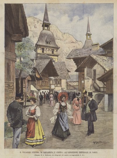 Den schweiziska byn, av pappersmache och stubb, på den universella utställningen i Paris av Achille Beltrame