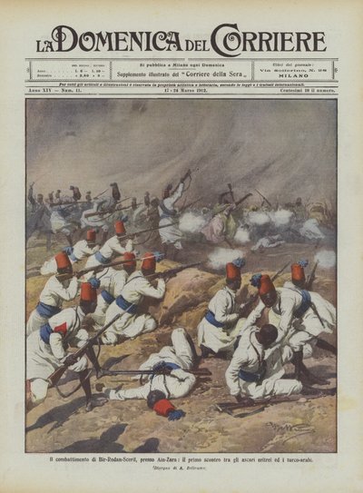 Kampen av Bir-Rodan-Scerif, nära Ain-Zara, den första sammandrabbningen mellan den eritreanska askarien och turk-araberna av Achille Beltrame