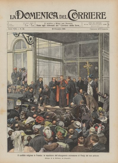 Den religiösa konflikten i Frankrike, utvisningen av den åttaåriga ärkebiskopen av Paris från sitt palats av Achille Beltrame