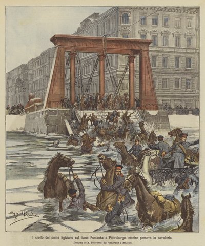 Kollapsen av den egyptiska bron över Fontanka-floden i Petersburg, när kavalleriet passerade av Achille Beltrame