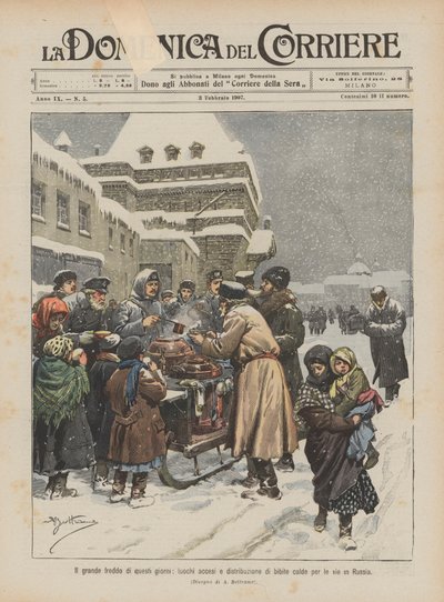Dagens stora kyla, eldar tända och distribution av varma drycker på gatorna i Ryssland av Achille Beltrame