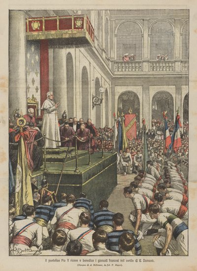 Påven Pius X tar emot och välsignar de franska gymnasterna på gården i S Damaso av Achille Beltrame