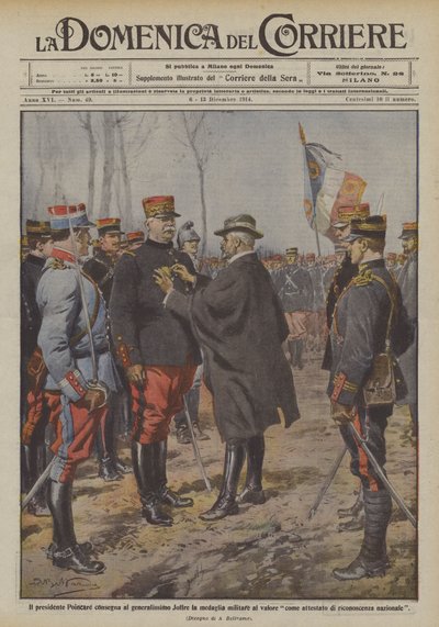 President Poincare ger Generalissimo Joffre militärmedaljen för tapperhet. Hur? av Achille Beltrame