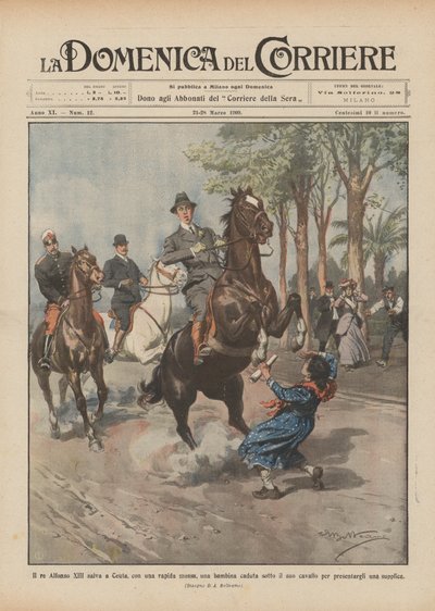 Räddar kung Alfonso XIII en liten flicka som har fallit under hans häst i Ceuta med ett snabbt drag? av Achille Beltrame