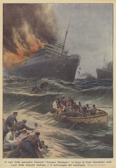 Bränningen av det franska motorfartyget Georges Philippar utanför Capo Guardafui, i vattnet i? av Achille Beltrame
