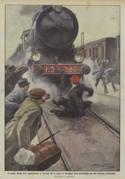 En stationsmästares kallblod sträcker sig mellan rälsen vid passagen av en mycket direkt väg för? av Achille Beltrame