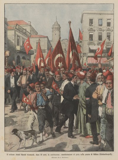 Sultan Abdul Hamid, efter 32 år, bekräftar konstitutionen, demonstrationer av glädje i? av Achille Beltrame