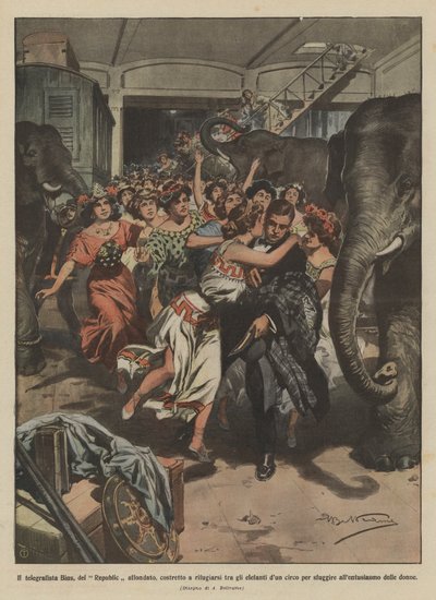 Telegrafisten Bins, från den sjunkna republiken, tvingad att ta sin tillflykt bland elefanterna på en cirkus? av Achille Beltrame
