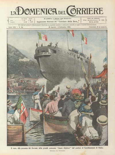 Lanseringen, i närvaro av suveränerna, av det stora slagskeppet Dante Alighieri från Castellammare di Stabia-varvet av Achille Beltrame
