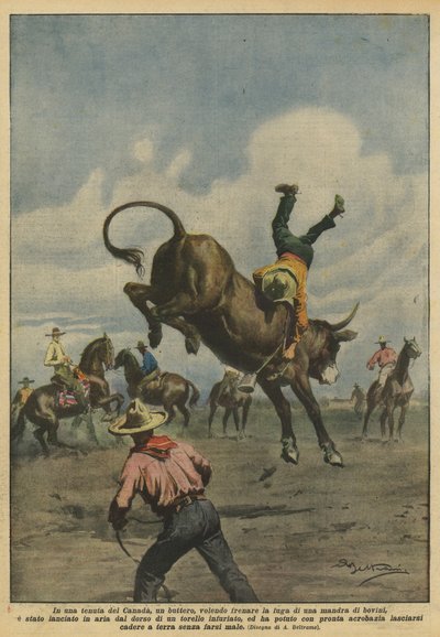 I ett kanadensiskt gods, en bonde, som vill stoppa flykten från en boskapshjord? av Achille Beltrame